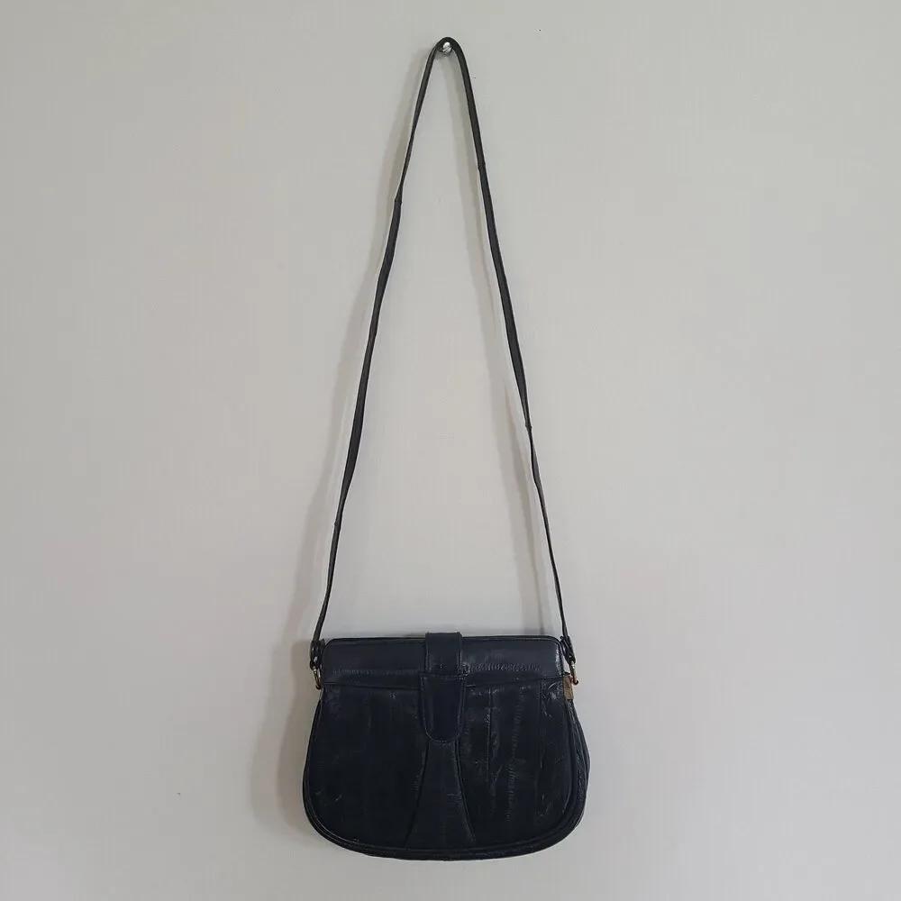 Vintage Retro 80s Genuine Eel Skin Navy Leather Handbag Shoulder Bag Purse
